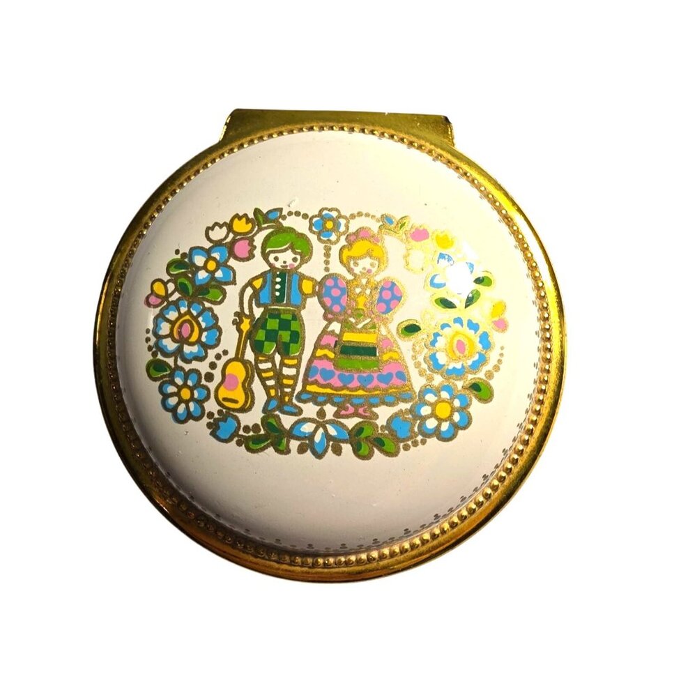 Trinket music Box Vtg Round Enamel Brass Folk Art made in Japan cottagecore
